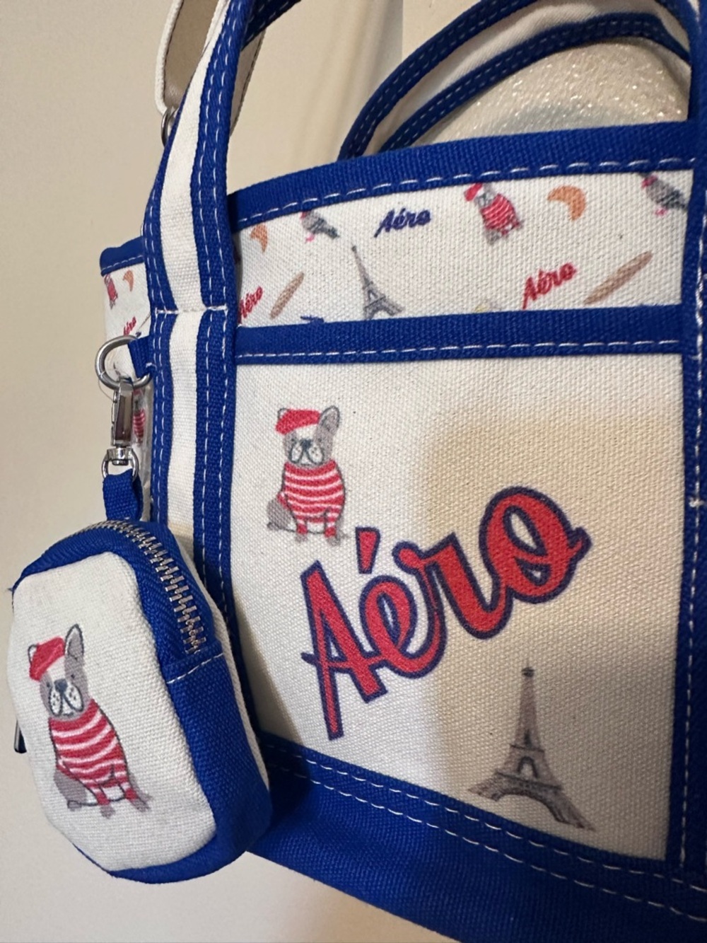 Aeropostale White, Royal Blue & Red Mini Tote with Pom Charm - Picture 2 of 10